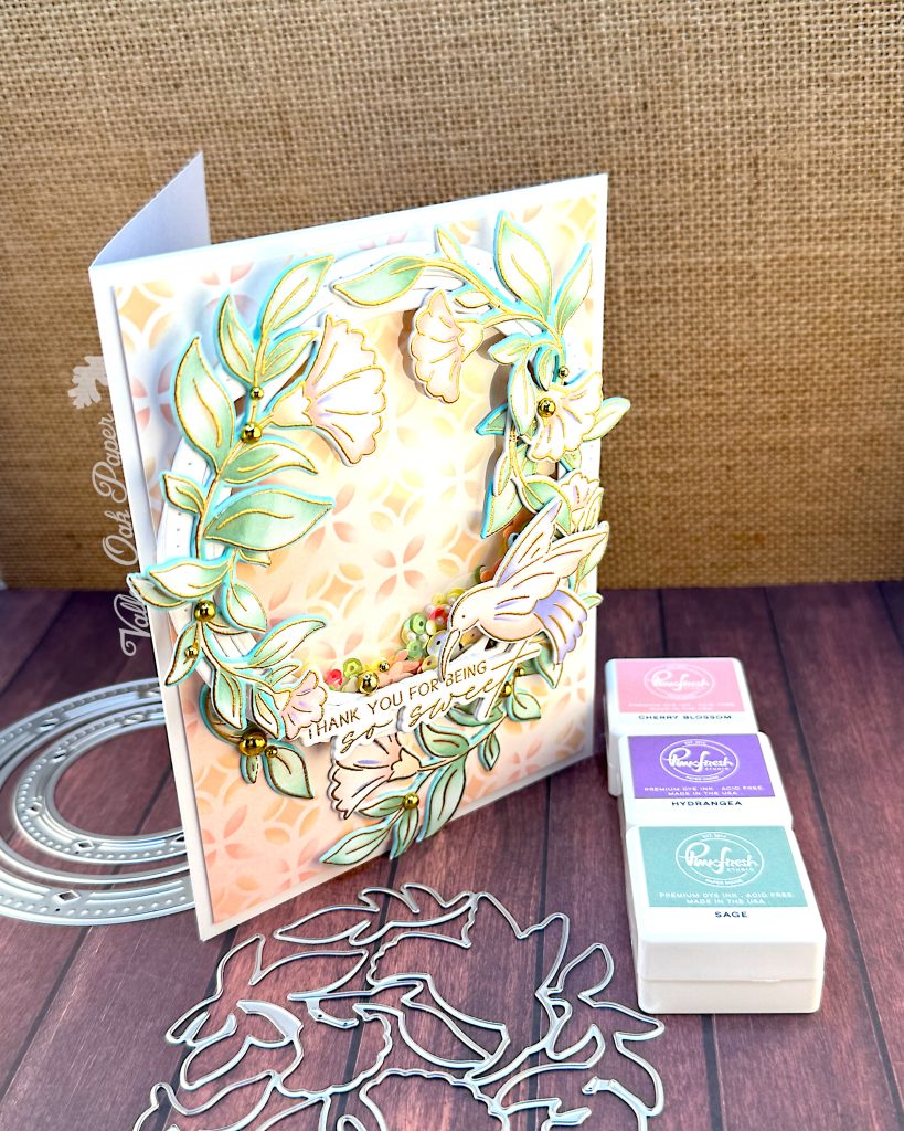 Wreath card with a hummingbird and the greeting "Thank you for being so sweet."