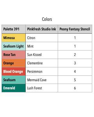 Table relating the colors in palette 391 to Pinkfresh Studio inks and the stencils in the Peony Fantasy product suite.