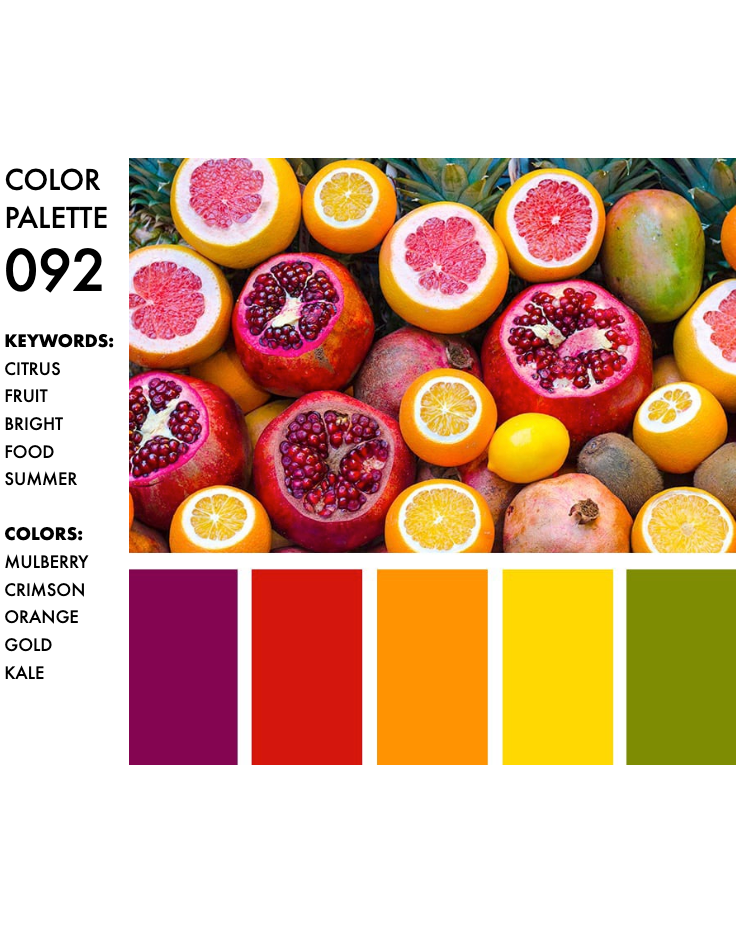 This is a screenshot from Sarah Renae Clark's Color Catalog Volume 1: A color palette design labeled "COLOR PALETTE 092" featuring a vibrant photograph of assorted citrus fruits and pomegranates. The image shows halved grapefruits revealing pink and red flesh, sliced oranges and lemons with bright yellow segments, and opened pomegranates displaying ruby red seeds.
Keywords for the palette are CITRUS, FRUIT, BRIGHT, FOOD, and SUMMER.
Below the photograph are five color swatches representing the palette: mulberry purple, bright crimson red, vibrant orange, golden yellow, and olive green (labeled as MULBERRY, CRIMSON, ORANGE, GOLD, and KALE respectively).