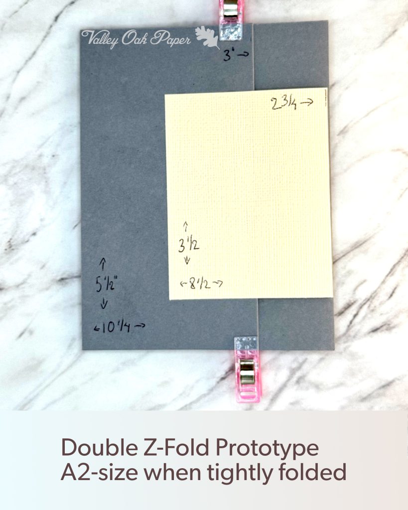 Tightly closed double Z-fold prototype consisting of a grey background with a smaller cream foreground.
The card is A2-sized in this state.
